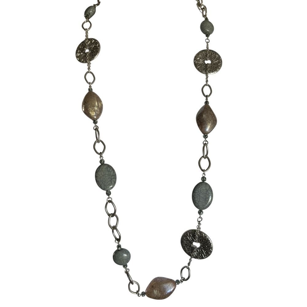 Artisan Mixed Stone Statement Necklace Gray Brown Silver Boho Chic Long Chain